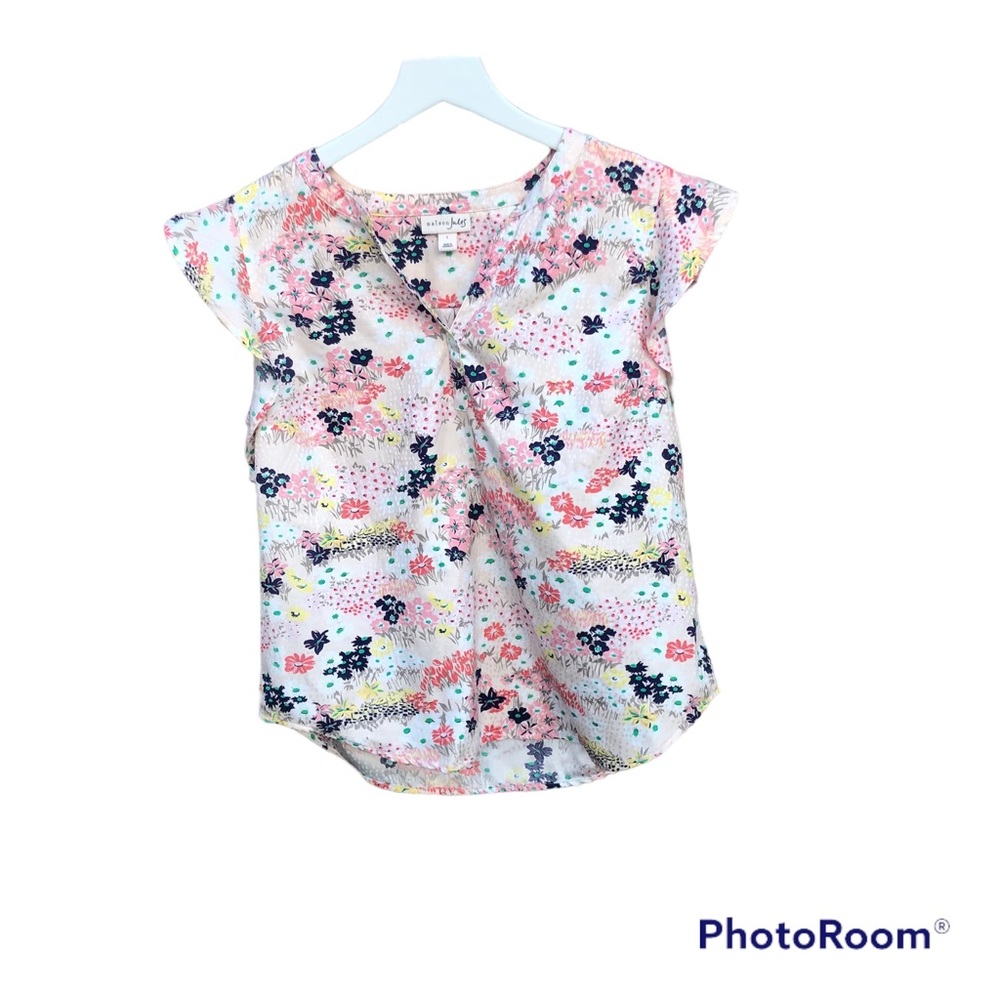 Maison Jules Top Womens Floral Shirt Ruffle Sleeve Sz. Large